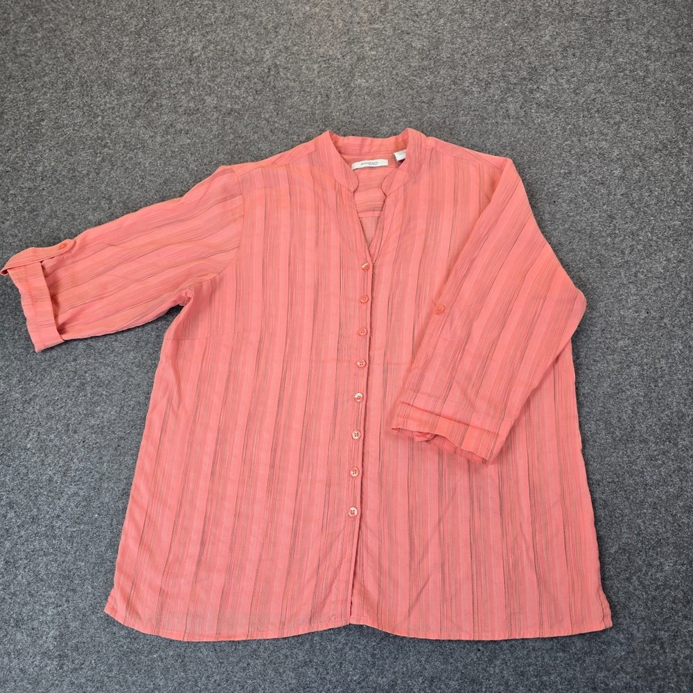 Dressbarn Shirt Womens 14-16 Coral Pink Striped Roll Tab Sleeve Button Front